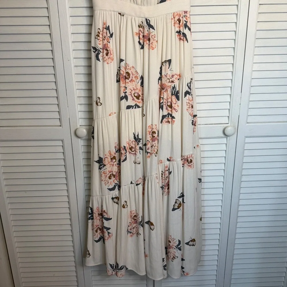 Free People Floral Tiered Maxi Dress Cream Pink Womens 2‎ Cottagecore Feminine